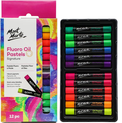 Mont Marte Fluoro Oil Pastels Signature 12pc, 12 Assorted Colors, Vibrant Oil Pastel Set, Great Blending and Layering, Ideal for Art, Craft, Coloring and Sketching