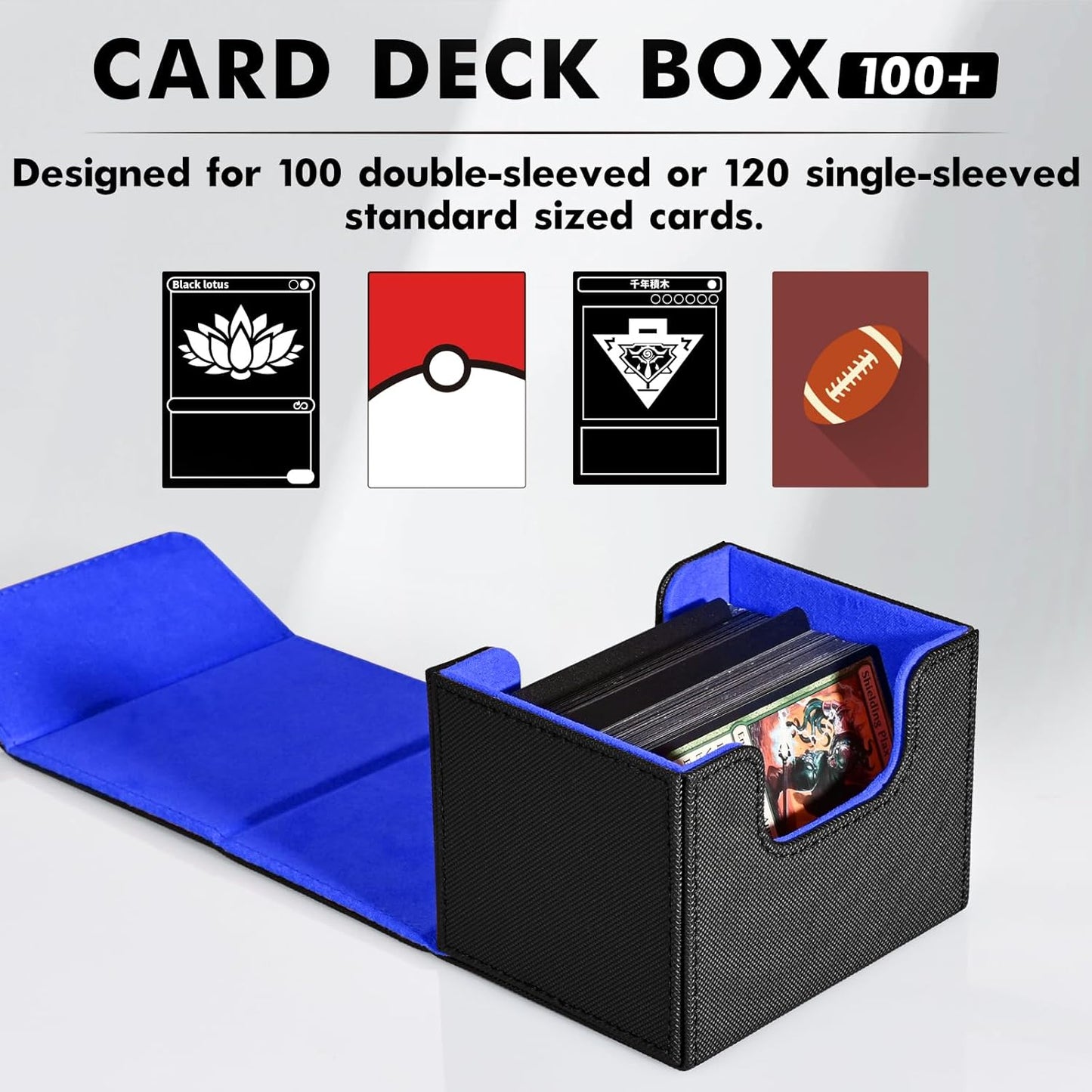 ZLCA Card Deck Box for MTG, Commander Deck Case Holds 120+ Single Sleeved Cards, Leather Magnetic Storage Box Fits for CCG TCG Sport Card (Black& Blue)