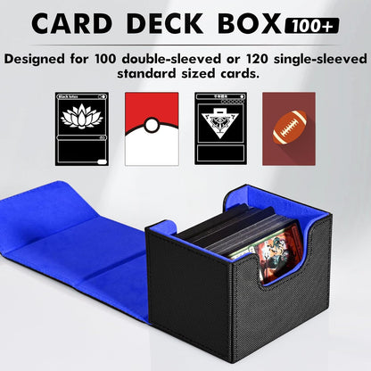 ZLCA Card Deck Box for MTG, Commander Deck Case Holds 120+ Single Sleeved Cards, Leather Magnetic Storage Box Fits for CCG TCG Sport Card (Black& Blue)