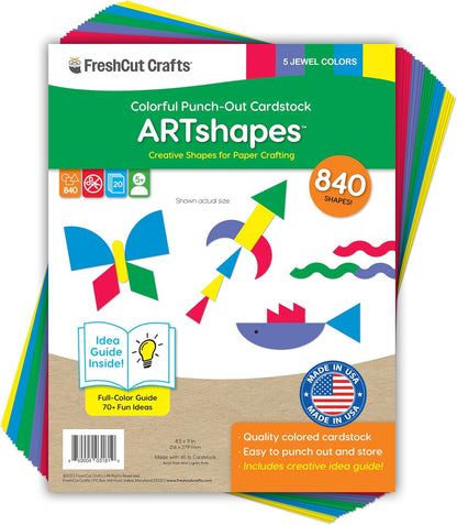 ARTshapes 840 pc Creative Paper Shapes Pack with 70+ Idea Guide - US Made Card Stock - Punch Out Funky DIY Craft Supplies for Whimsical Art Designs, Paper Crafts, and Pattern Play 5 Jewel Colors - Crafty Corner
