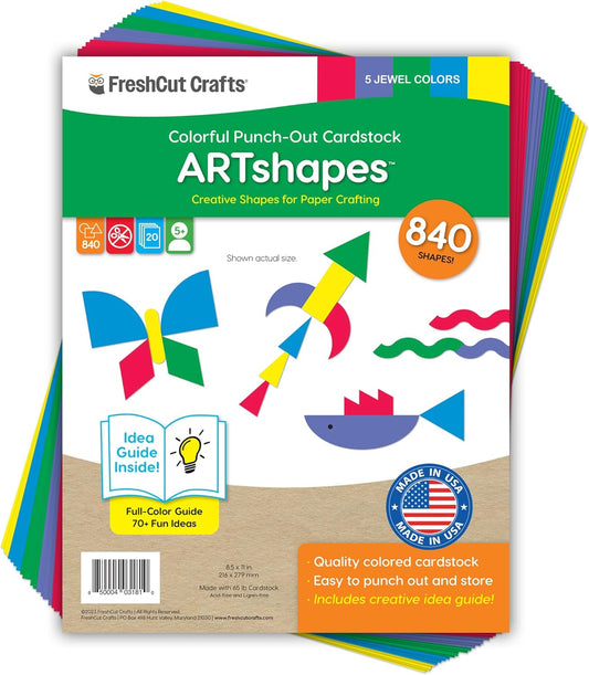 ARTshapes 840 pc Creative Paper Shapes Pack with 70+ Idea Guide - US Made Card Stock - Punch Out Funky DIY Craft Supplies for Whimsical Art Designs, Paper Crafts, and Pattern Play 5 Jewel Colors - Crafty Corner