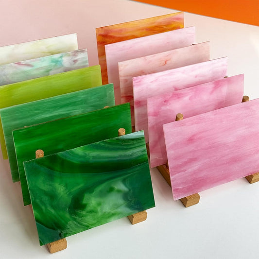 ILLUCKAI 12 Sheets Stained Glass Sheet Pink and Green Collection, 6 x 4 inch Stained Glass Mosaic Tiles for Stained Glass Projects Mosaic Crafts