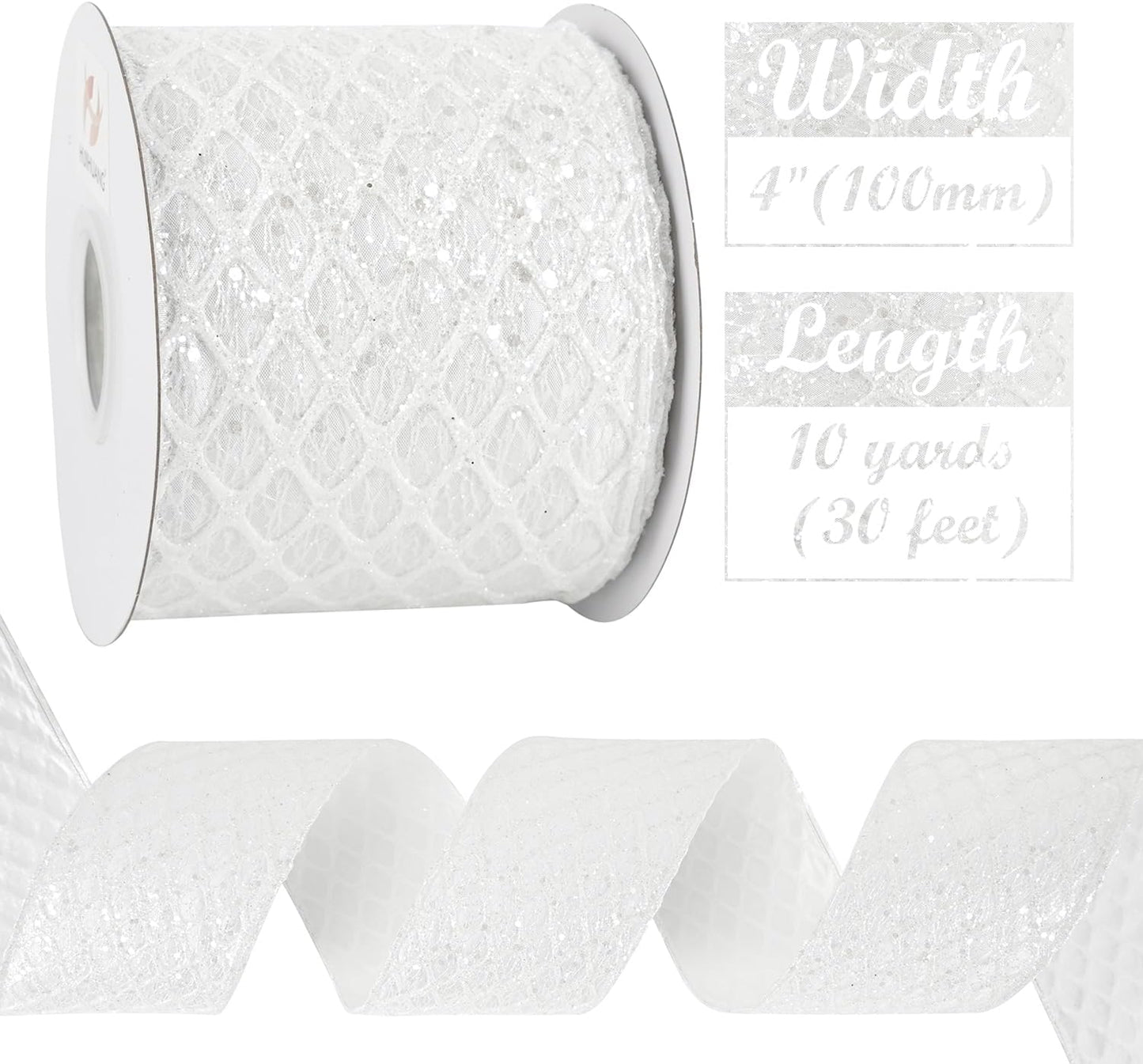 HUIHUANG White Glitter Wired Ribbon, 4 Inch x 30 Ft, Geometric Pattern, Polyester Material, Christmas Occasion - Crafty Corner