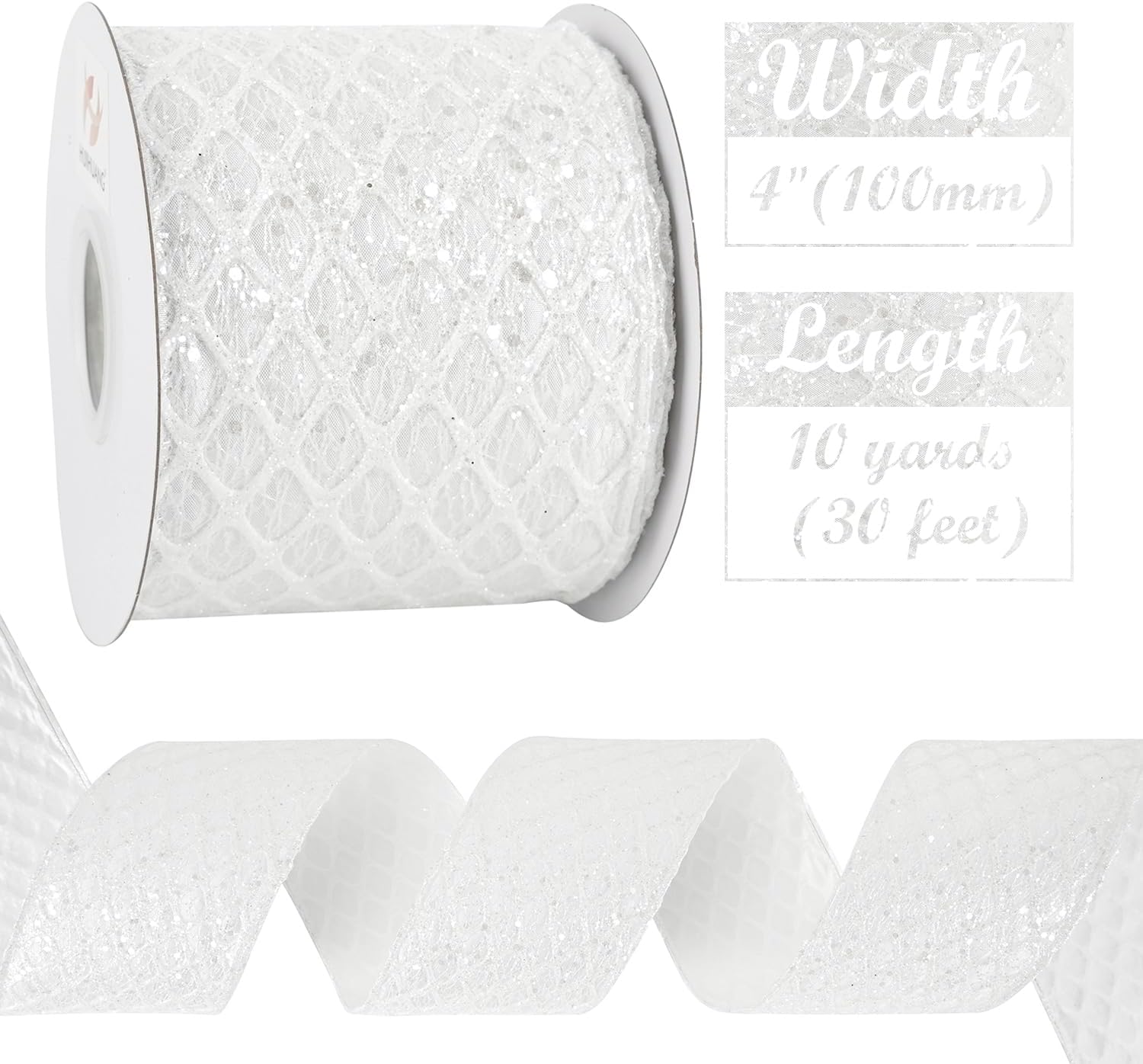HUIHUANG White Glitter Wired Ribbon, 4 Inch x 30 Ft, Geometric Pattern, Polyester Material, Christmas Occasion - Crafty Corner