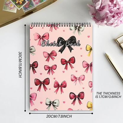 Cabreche Cute Sketchbook Top Spiral Bound Sketch Pad, 9 x 12 inch,100GSM Thick Paper,50 Sheets 100 Pages,Art Sketch Book Artistic Writing Drawing Paper for Girls Women Beginners-Pink Bowknot