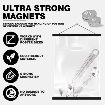 Ywlake Magnetic Poster Hanger, 34x22.5 34 x 22 34x24 Poster Frame Wood Wooden Magnet Print Posters Dowel Scroll Hanger Hangers Hanging Kit for Walls Map Canvas Artwork (Black, 34")