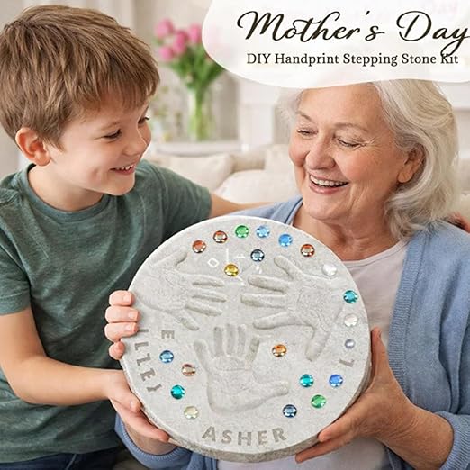 Mother's Day DIY Handprint Gift Kit, Large DIY Handprint Stepping Stone Kit, Indoor Outdoor Family Keepsake Craft Gift (Includes 1 Mod, 26 Letter Stamps, and Colored Stones) (14 in (Fits 3 Handprint))