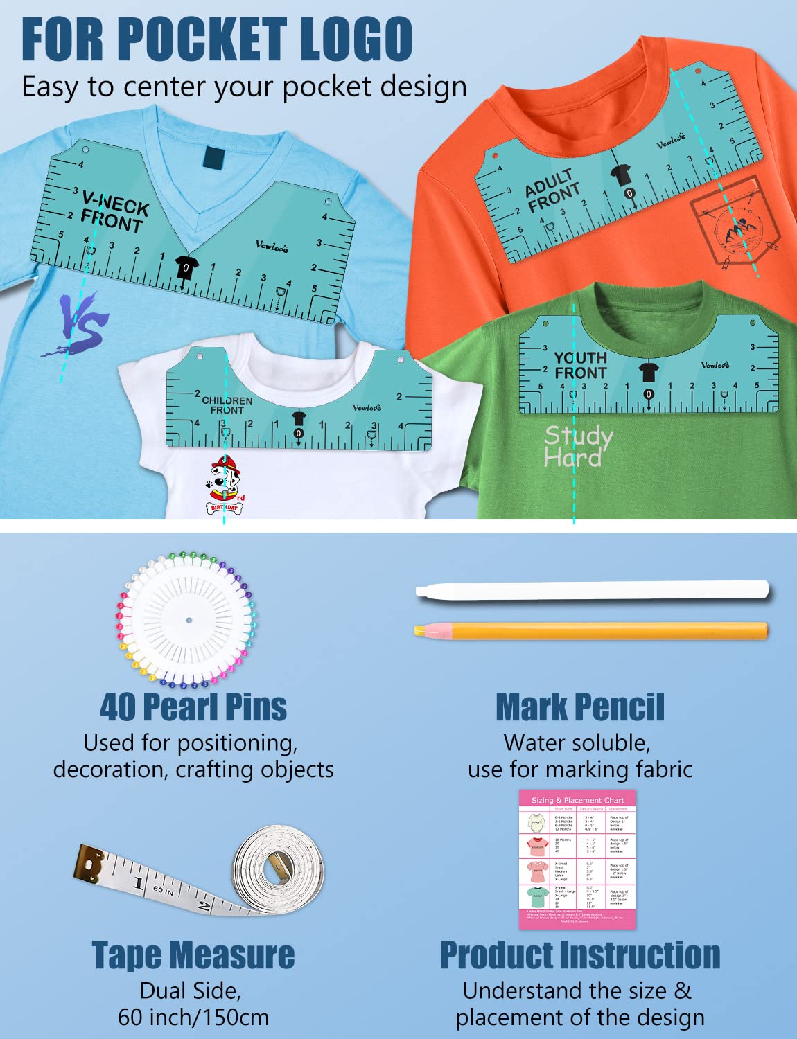 Vowlove Tshirt Ruler Guide for Vinyl Alignment - T Shirt Measure Rulers Guide, Shirt Measurement Centering Tool Heat Press Screen Printing V-Neck Embroidery Accessories Sublimation Blanks Product