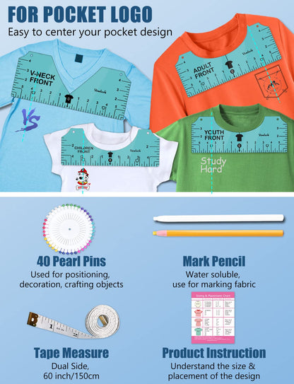 Vowlove Tshirt Ruler Guide for Vinyl Alignment - T Shirt Measure Rulers Guide, Shirt Measurement Centering Tool Heat Press Screen Printing V-Neck Embroidery Accessories Sublimation Blanks Product