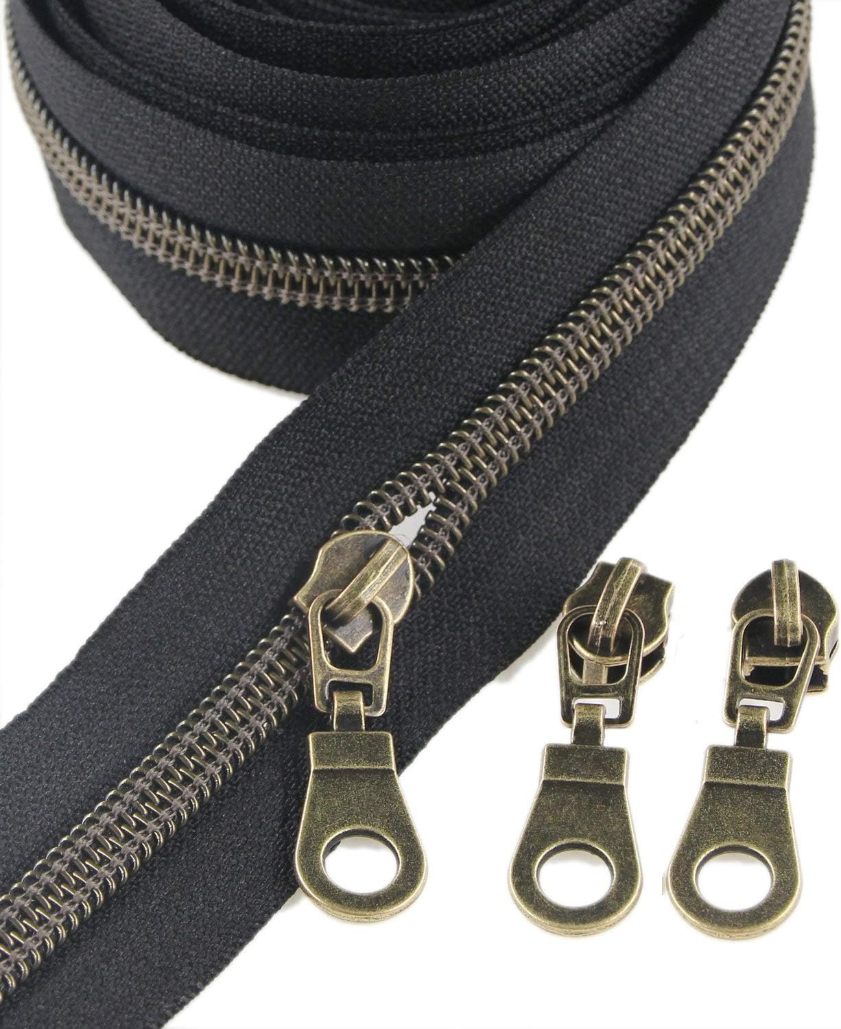 Leekayer #5 Antique Brass Metallic Nylon Coil Zippers by The Yard Bulk 10 Yards Black Zipper Tape with 25pcs Brass Sliders for DIY Sewing Tailor Craft Bag (Black)