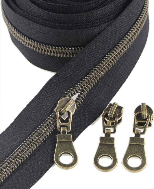 Leekayer #5 Antique Brass Metallic Nylon Coil Zippers by The Yard Bulk 10 Yards Black Zipper Tape with 25pcs Brass Sliders for DIY Sewing Tailor Craft Bag (Black)