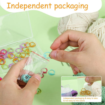 Lokunn 50 Pcs Metal Stitch Markers, 5 Color Helical-Shaped Crochet Markers Ring, 9 Pcs Large Eye Blunt Sewing Needles with Storage Box for DIY and Craft Sewing