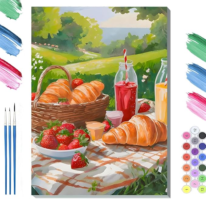 Paint by Numbers Kit for Adults Framed, Summer Picnic with Croissants and Strawberries, DIY Oil Painting, Pre-Printed Canvas Wall Art Home Decor Gift, 16x20inch Framed, 24 Colors
