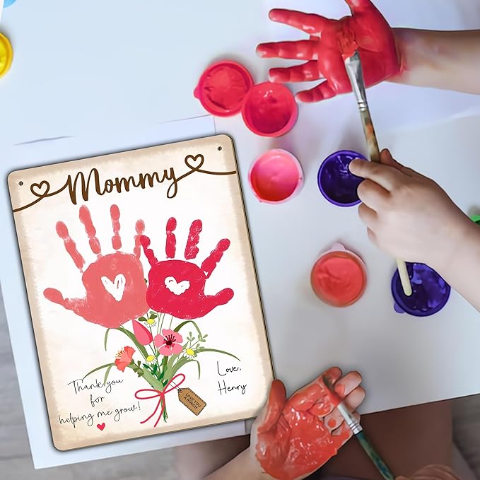 DIY Baby's First Mothers Day Handprint Flowers Hanging Sign, Pink Floral Bouquet for Mom Mommy with Kids Handprint Art Craft Keepsake Mothers Day Birthday Gifts for Mothers, Thanks for Helping Me Grow