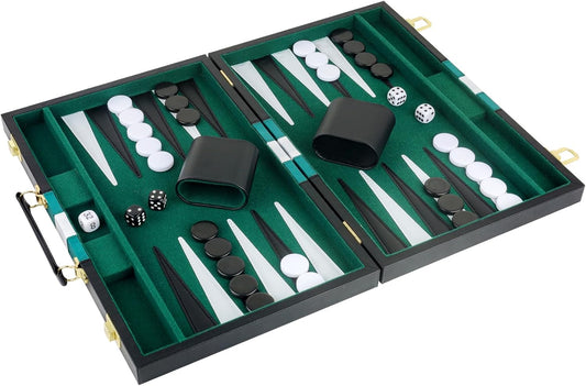 Backgammon Set 2 Players Classic Backgammon Sets for Adults Board Game with Black PU Leather Case Portable and Travel Backgammon Set (Green, 11inch)
