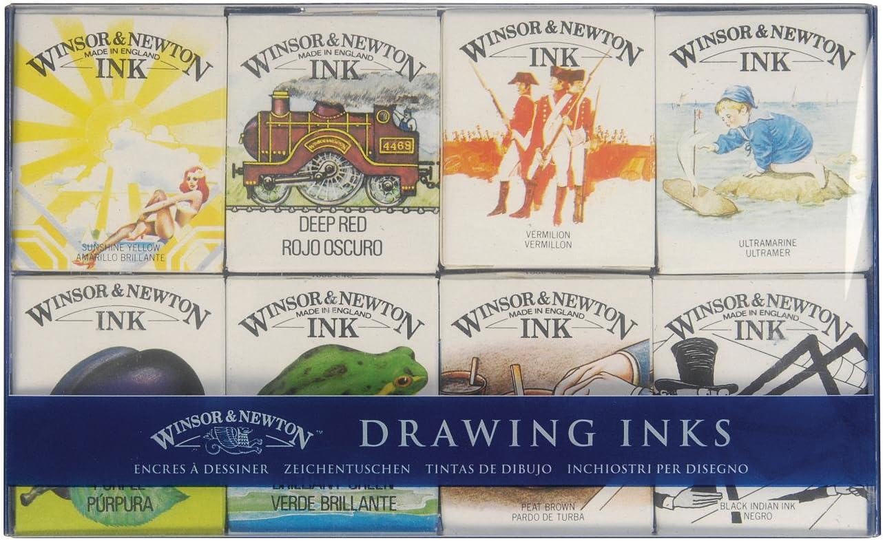Winsor & Newton Collection Drawing Ink Set, Set of 8, William Collection,Black,green,purple,yellow - Crafty Corner