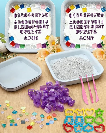 HAPPYER Stepping Stone Molds Kit 12PCS Square Concrete Molds Mosaic Tiles DIY Craft Kit for Kids Adults Garden Outdoor Cement Stone Mold Set with Letter Number Stamps Carving Tools No Concrete Mix