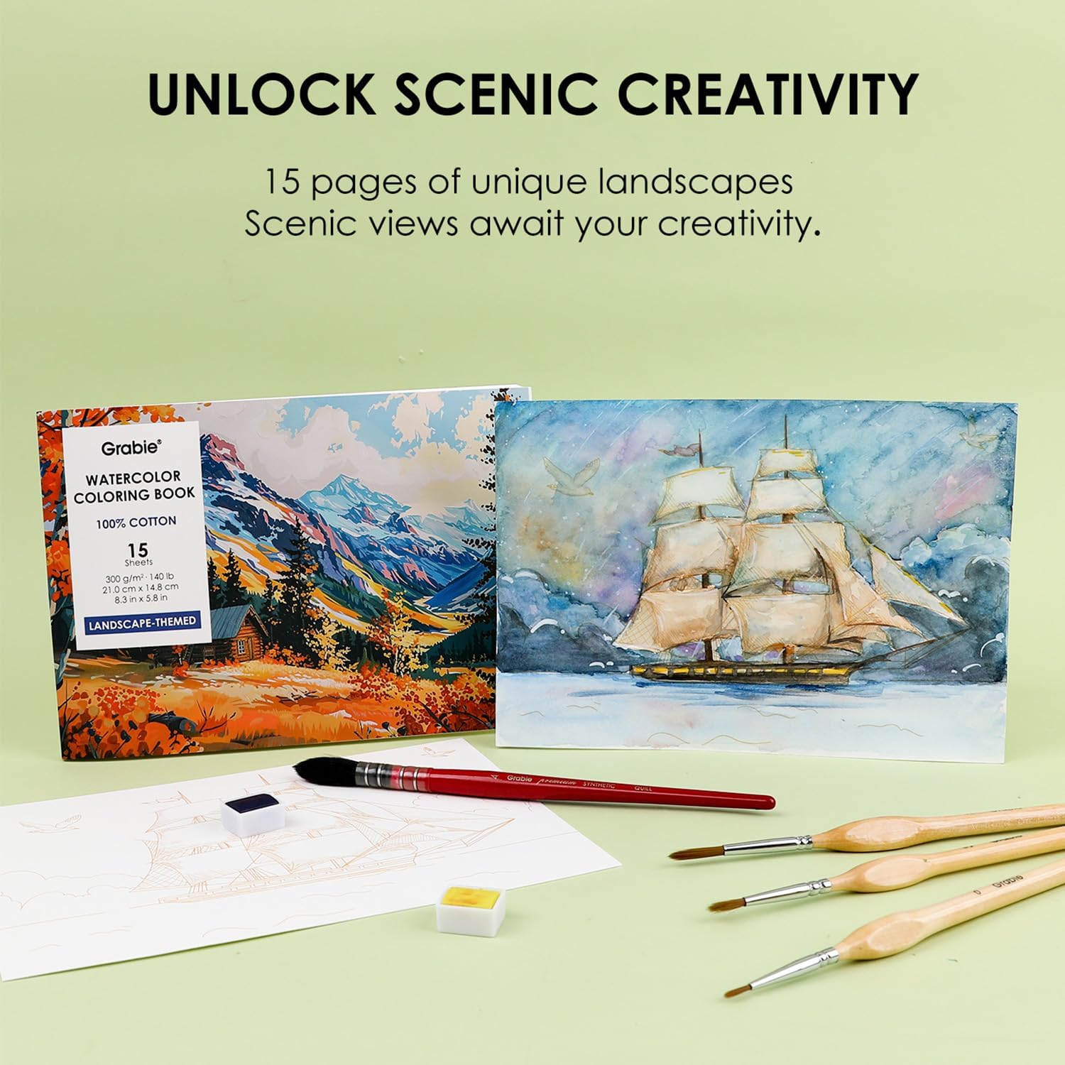 Grabie Watercolor Coloring Book, 15 Sheets A5 (8.3 x 5.8),Watercolor Book for Adults: Ignite Your Artistic Expression on 100% Cotton Paper (Land-Scape) - Crafty Corner