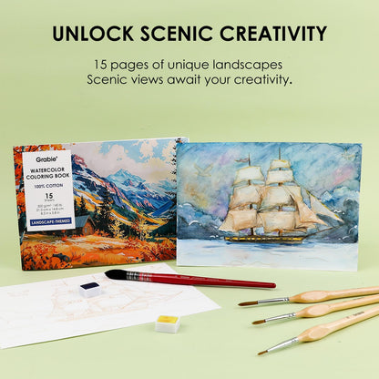 Grabie Watercolor Coloring Book, 15 Sheets A5 (8.3 x 5.8),Watercolor Book for Adults: Ignite Your Artistic Expression on 100% Cotton Paper (Land-Scape) - Crafty Corner