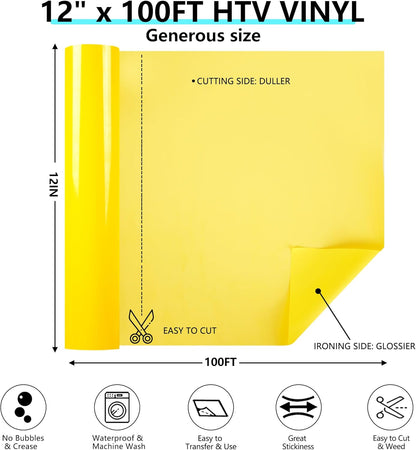Guangyintong Yellow HTV Heat Transfer Vinyl Rolls, 12" X 100ft Iron on Vinyl PVC Adhesive for T-Shirt, Easy to Cut & Weed for DIY Design