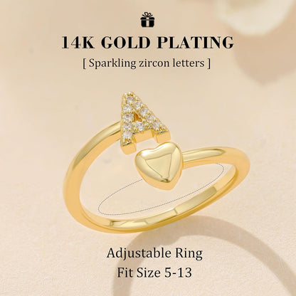 Gold Initial Rings for Women Girls, Dainty 14K Gold Plated Adjustable Initial Rings Cute Heart Zirconia Ring for Women Teen Girl Gifts