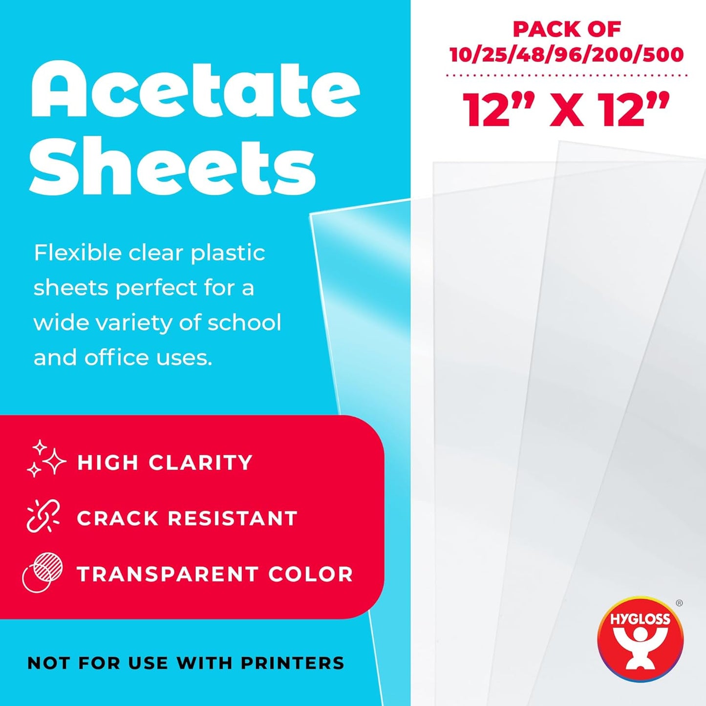 Hygloss 12" x 12" Acetate Paper - 7 Mil Clear Acetate Sheets for Crafts Projects, Cricut Stencil Sheets, Classroom Stencil Sheets, Reusable Transparent Clear Plastic Sheet (Not for Printers) 48 Pack