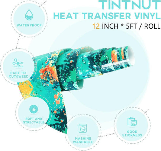 Tintnut Splash Heat Transfer Vinyl Roll - 12 Inch x 5ft Blue Watercolor Ink Patterned HTV Splatter Iron On Vinyl DIY T-Shirts Hats Clothes Canvas Bags for Cricut or Silhouette Cameo