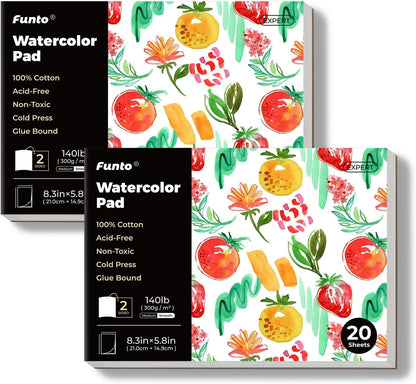 Funto Watercolor Pads, 2 Packs, 100% Cotton, 20 Sheets Each, 8.3x5.8, 140lb/300gsm, Glue Bound, Easy Tear Heavyweight Art Paper for Painting
