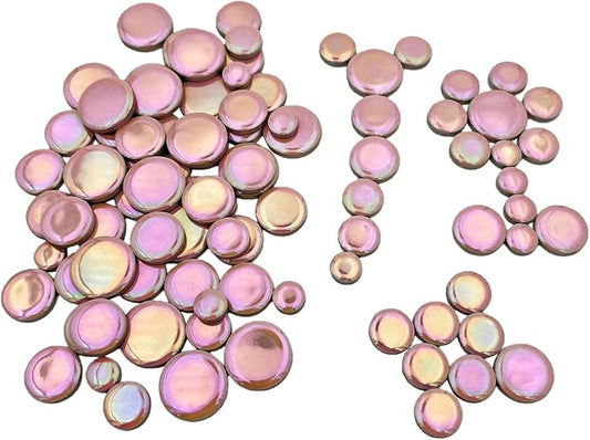 200g Iridescent Round Mosaic Tiles for Crafts Bulk, 11mm-23mm 4 Size Circular Mosaic Ceramic Pieces for Vases, Garden Decor, DIY Mosaic Making (Pink)