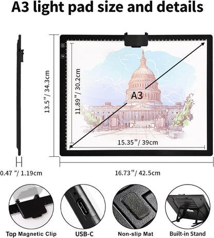 Rechargeable A3 Light Pad for Diamond Painting,Tracing Light Box with Stand and Clip,3 Colors Stepless Dimmable and 6 Levels of Brightness Light Board for Artists,Drawing,Sketching,Animation