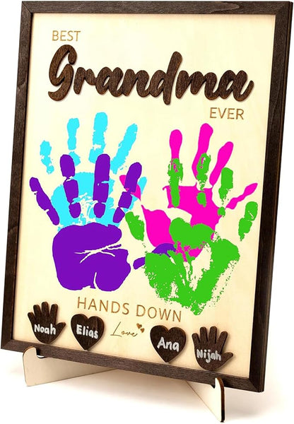 Best Grandma Ever DIY Hands Down Sign Wooden Handprint Frame DIY Gifts, Mother's Day Personalized Gifts for Mom Grandma from Daughter, Son, Kids, Family Memories Sign with Kids Names, Custom Birthday Gift for Mom