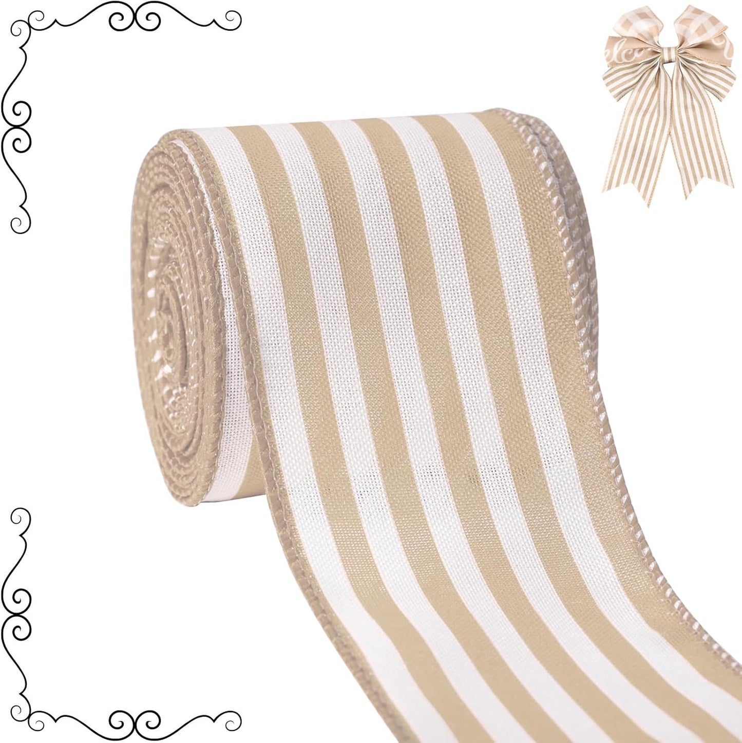 Burlap Ribbon Wired, Farmhouse Rustic White Stripe Ribbon for Gifts Wrapping DIY Crafts Floral Bows Wreath Making Party Supplies Holiday Home Decoration, 2.5 Inch x 10 Yards - Crafty Corner