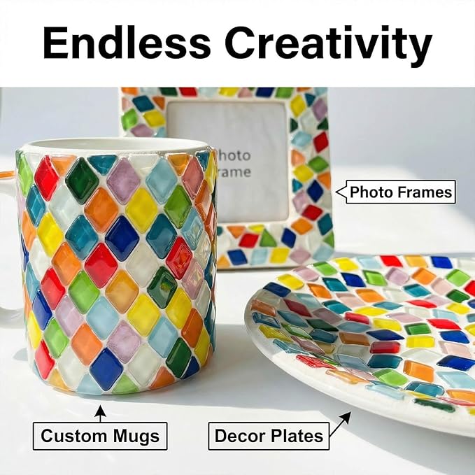 LITMIND Mosaic Tiles for Crafts Bulk, 1.1 LB Crystal Glass Mosaic Pieces, Diamond Shape Rainbow Mix for DIY Art Projects
