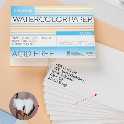 MEEDEN Watercolor Paper Block - 100% Cotton Watercolor Paper Pad of 20 Sheets, 140lb/300gsm, Acid-Free Art Paper for Watercolor, Gouache, Ink and More, 16" x 12" Rough