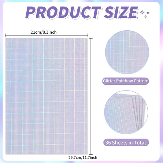 36 Sheets Holographic Sticker Paper,Holographic Laminate Sheets,A4 Size Clear Vinyl Sticker Sheets Self-Adhesive Rainbow Overlay Sheets,11.7 x 8.3 Inches(Grid)