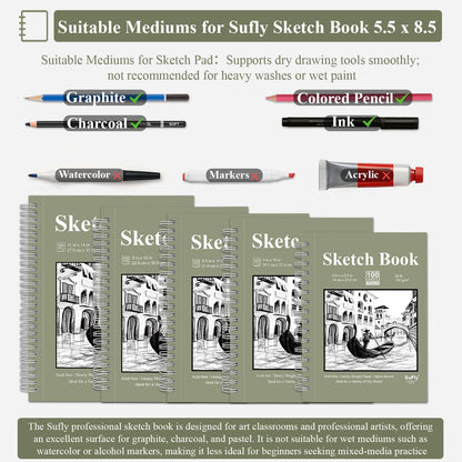 SuFly Small Sketch Book 5.5"x8.5", 2-Pack Mini Sketchbook, Spiral Bound Sketchbook Hardcover with 200 Sheets of 68lb/100gsm Mini Drawing Pad Paper, Small Sketch Pads for Drawing for Adults & Kids. - Crafty Corner