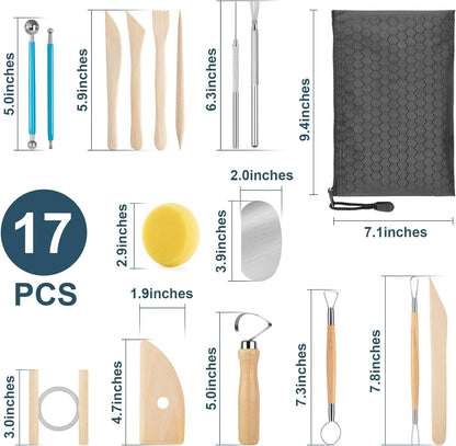 Pottery Tool Kit, 17pcs Polymer Clay Tools, Modeling Clay Sculpting Tools Kit, Ceramics Tools, Trimming, Embossing Pattern, Smooth Wooden Handles