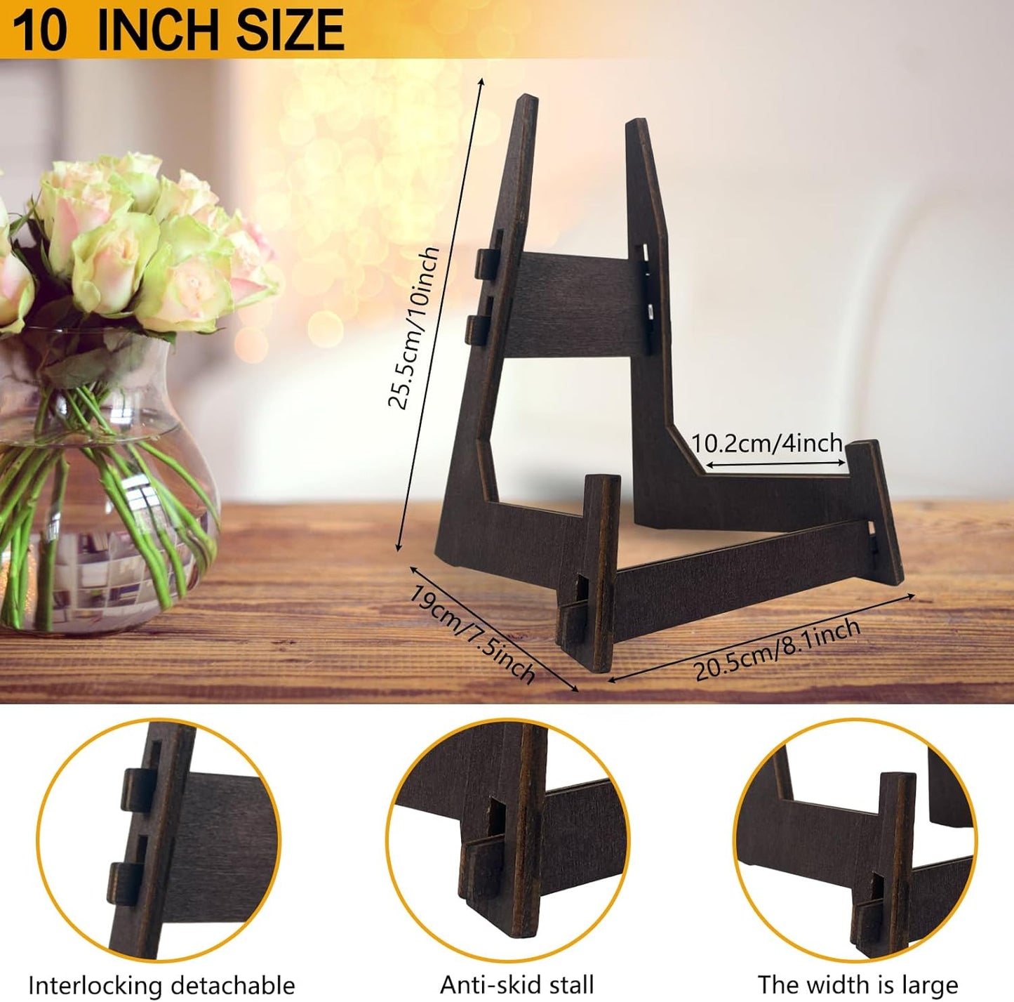 2 Pack 10 Inch Plate Display Stands - Wooden Picture Frame Holder for Books, Photo, Platter | Tabletop Decorative Stand