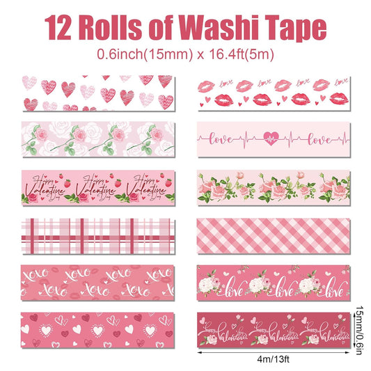 12 Rolls Pink Heart Washi Tape Set, Valentine's Day Love Heart Masking Tape Decorative Paper Tape for DIY Craft Wrapping Scrapbook Envelope Wedding Party,16.4FT
