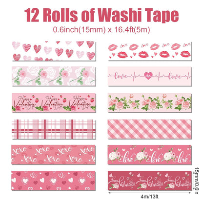 12 Rolls Pink Heart Washi Tape Set, Valentine's Day Love Heart Masking Tape Decorative Paper Tape for DIY Craft Wrapping Scrapbook Envelope Wedding Party,16.4FT