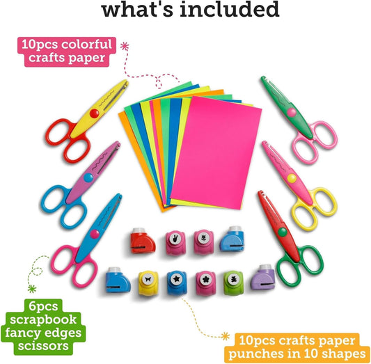 Incraftables Craft Scissors with Decorative Edge – 26 Piece Crafting Set - 6 Scissors with Fun Decorative Edge - 10 Paper Hole Punch Shapes & 10 Colorful Pieces of Paper - Crafty Corner