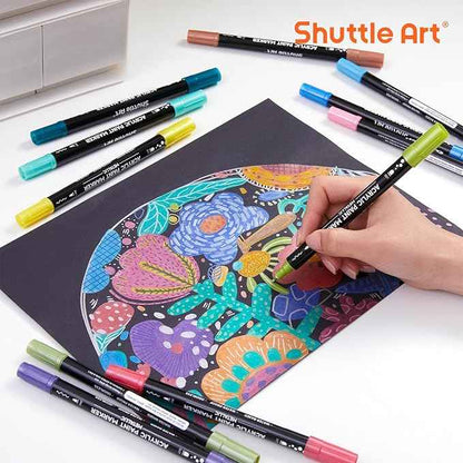 28 Metallic Colors Dual Tip Acrylic Paint Markers, Brush Tip and Dot Tip Acrylic Paint Pens for Rock, Ceramic, Wood, Canvas, Plastic, Glass, Stone, Calligraphy, Card Making, Crafts & Nail Art