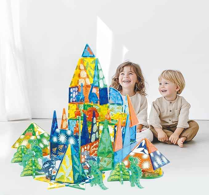 Dinosaur Magnetic Tiles Set 106PCS | STEM-Authenticated Magnet Building Blocks with Dinosaur Animals | Educational Construction Toy for Toddlers & Kids Ages 3–8 (Boys & Girls)