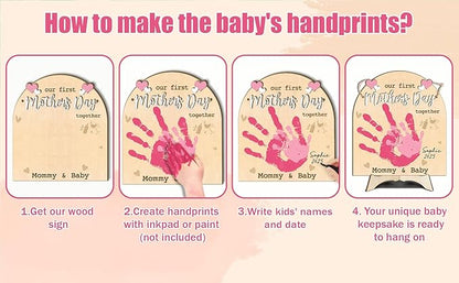 DIY Custom Our First Mother's Day Together Mommy & Baby Handprint Signs, Baby First Mothers Day Gifts for Babies, Toddler And Mom Mother's Day Crafts Plaque, Memory Keepsake Baby Milestone Photo Props