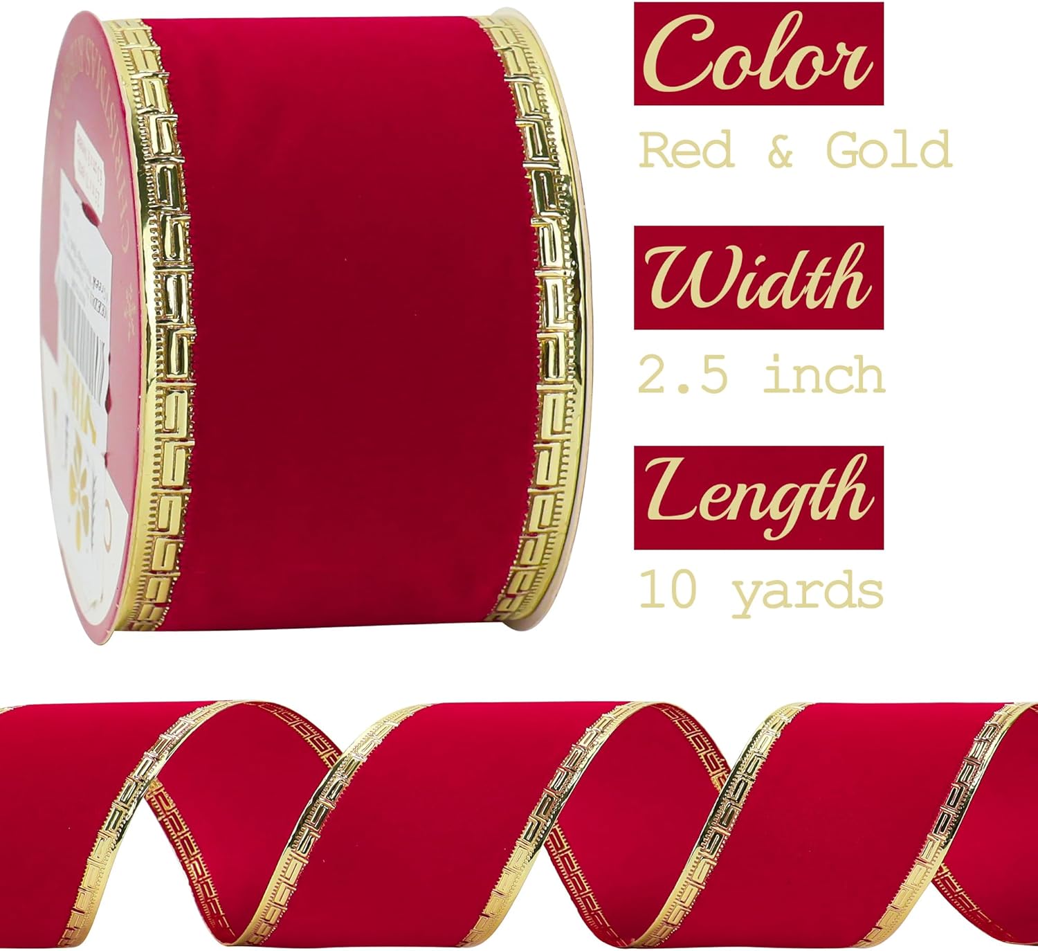 MEEDEE Red Velvet Ribbon 2.5 Inch With Gold Greek Key Edge - 10 Yards Wired Christmas Ribbon for Tree Decoration, Topper Bow, Garland - Crafty Corner