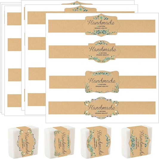 120Pcs Eucalyptus Leaves Soap Wrapper 8 Style Flower Wrap Tape for Homemade Soap - Kraft Paper Vertical Tag Soaps Sleeves Covers for Christmas Homemade Soaps Packaging Supplies (Kraft with Words)