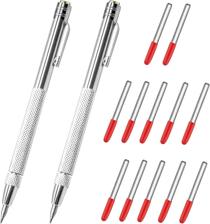 2Pcs Tungsten Carbide Tip Scriber With 12 Replacement Marking Tip, Aluminium Magnet Carbide Scribe Tool Etching Pen With Clip, Metal Engraving Pen for Glass / Ceramics / Hardened Steel / Metal Sheet