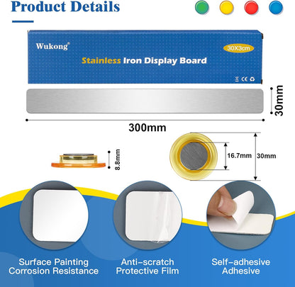 Wukong 6 Pack | 30x3cm(11.81 x 1.18) Magnetic Stainless Silver Boards Strips, Adhesive Backing Bulletin Bar Board, Memo Board with 16Pcs Colorful Magnets for Office, Home, Photo Wall, Documents
