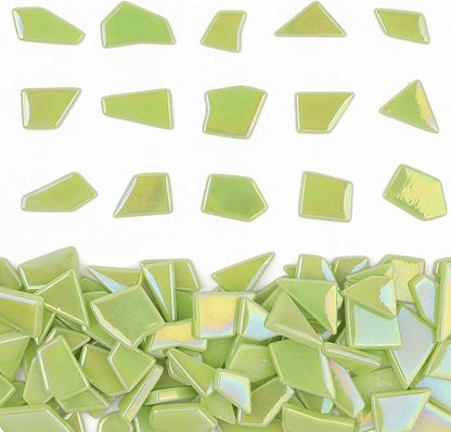 Youway Style Iridescent Green Glass Mosaic Tiles for Crafts Bulk,200g Broken Stained Glass Pieces for Crafts DIY Mosaic Art Decor