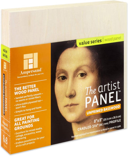 Ampersand Art Supply Unprimed Basswood Artist Panel, 1-1/2" Cradled Profile 8"x8"